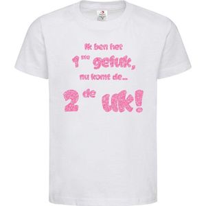 Shirt Aankondiging zwangerschap Ik ben het 1ste geluk, nu komt de ... 2de uk! | korte mouw | wit/roze GLITTER | maat 122/128 zwangerschap aankondiging bekendmaking Baby big sis bro sister brother Grote Zus Broer