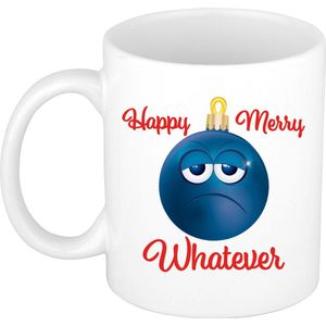 Cadeau kerstmok Merry Happy whatever met chagrijnige kerstbal - 300 ml - keramiek - koffiemok / theebeker - Kerstmis - kerstcadeau