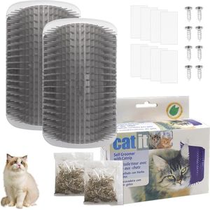 Kattenhoekmassageborstel - 2 stuks zelf grooming borstel voor katten - Voorkomt haarballen en verzorgt de vacht - Grijs