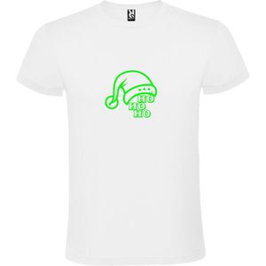 Wit T-Shirt met “ Kerst Muts / Ho Ho Ho “ Afbeelding Neon Groen Size L