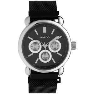 OOZOO Timepieces - Zilverkleurige horloge met zwarte metalen mesh armband - C10696