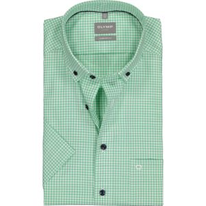 OLYMP comfort fit overhemd - korte mouw - popeline - groen met wit geruit - Strijkvrij - Boordmaat: 40
