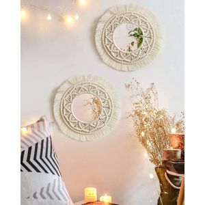 Hangende muur macramé spiegel, Boho spiegel met macramé franje voor appartement woonkamer slaapkamer babykamer decoratie, 2 stuks kleine ronde