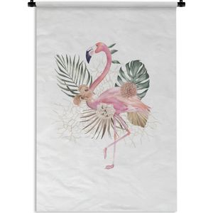 Wandkleed FlamingoKerst illustraties - Een flamingo en bloemen op een witte achtergrond Wandkleed katoen 120x180 cm - Wandtapijt met foto XXL / Groot formaat!