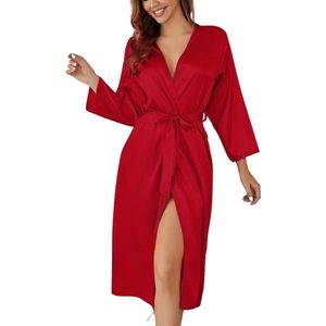 Nivard Satijnen Badjas Dames - Kimono - Kamerjas - Satijn - Ochtendjas - Pyjama - Rood - Maat XL