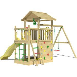 Jungle Gym Speeltoestel van Grenen Hout - Jungle Cavern met Gele Glijbaan - Tuin Speeltoestel voor buiten met Zandbak, Schommel en Speelhuisje