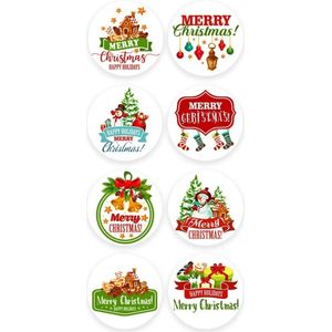 40 Kerst Stickers / Merry Christmas - Tekst Merry Christmas Sokken Sneeuwpop Cadeautjes Bellen Huisje - Groen Rood Wit Bruin - Doorsnede 2,5 cm - Nummer 13