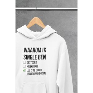 Hoodie - Waarom ik single ben - Wurban Wear | Grappige hoodie | Leuk cadeau | Unisex hoodie | Meme | Meme kleding | Viespeuk | Grappige kleding | Grappige trui | Dubbelzinnige kleding | Wit