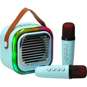 Retro Karaoke Set Met 2 Microfoons - Draagbare Bluetooth USB LED Luidspreker - KaraokeSet - Muziekspeler - Blauw