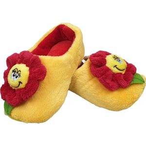 Elcee-Haly – Klomp slofjes – Gele Pantoffelklompje met rode bloem – Warme sloffen –  Geel/Rood – Maat 36/37