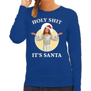 Holy shit its Santa fout Kerstsweater / kersttrui blauw voor dames - Kerstkleding / Christmas outfit L