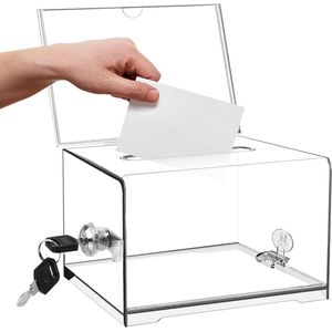 Acryldispenserbox - 16 x 12 x 10 cm - afsluitbaar - stembus met sleutel - opbergdoos voor stembriefjes - transparant .