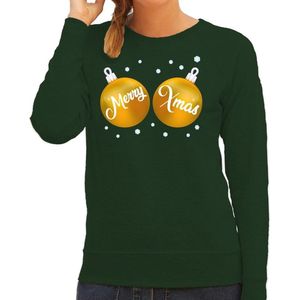 Foute kersttrui / sweater groen met gouden Merry Xmas borsten voor dames - kerstkleding / christmas outfit L