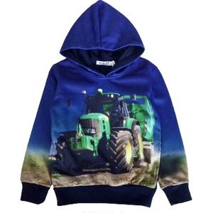 Sweater Hoodie trui met John Deere tractor trekker Kleur kobalt blauw maat 92