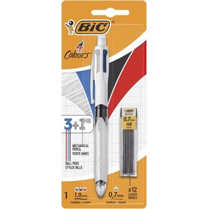 BIC 4 Kleuren - 3 en 1HB Balpennen en Vulpotloden - Pak van 1 en 12 Navullingen 0.7 mm HB