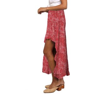 Damesrok Boho Zomerrok Casual Midi-rok Hoge taille A-lijn strandrok Rood L