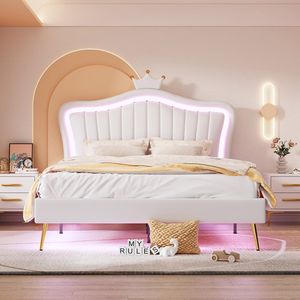 KOMHTOM Kinderbed Tweepersoonsbed 140x200 cm met LED verlichting Gestoffeerd bed wit PU leer