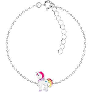 Joy|S - Zilveren eenhoorn armband - pony armband - 14 cm + 3 cm unicorn wit rood oranje geel met blauw hartje