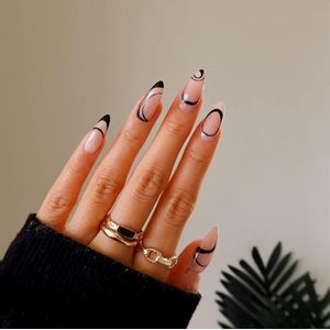 24 stuks Korte Amandelvormige Kunstnagels - Zwart, Press-on Nagels voor Vrouwen