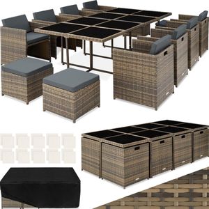 tectake® loungemeubelset - 8x stoelen, 4x krukken, 1x tafel - outdoor polyrotan tuinmeubels voor balkon, tuin en terras, met hoes en verwisselbare hoezen - natuur