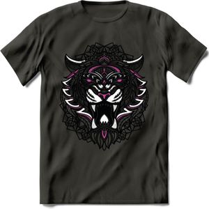 Tijger - Dieren Mandala T-Shirt | Roze | Grappig Verjaardag Zentangle Dierenkop Cadeau Shirt | Dames - Heren - Unisex | Wildlife Tshirt Kleding Kado | - Donker Grijs - XL