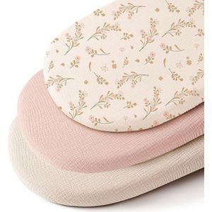 Universele Wieglaken Set │ Hoeslaken Baby voor Kinderwagen, Verschoonmand en Mozesmand │ Aankleedkussenhoes │ Kraamcadeau babyshower │ 3-pak │40x80 cm elastisch - Nude roze/roze bloem/crème