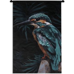 Wandkleed VogelKerst illustraties - Blauw met bruine vogel tegen een zwarte achtergrond Wandkleed katoen 120x180 cm - Wandtapijt met foto XXL / Groot formaat!