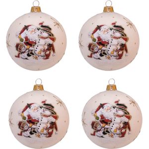 Klassieke Witte Kerstballen met Kerstman en Sneeuwpoppen - doosje van 4 kerstballen van glas 8 cm