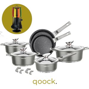 Qoock | Metallic Edition Pannenset | 21 Delig | Inductie | Met afneembare handgreep | Inclusief Kookgerei-set |Swiss Pro