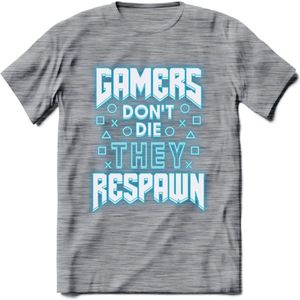 Gamers don't die T-shirt | Neon Blauw | Gaming kleding | Grappig game verjaardag cadeau shirt Heren – Dames – Unisex | - Donker Grijs - Gemaleerd - M