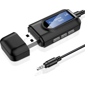 QTTVBTNA -USB Bluetooth Adapter Audio voor TV – 2-in-1 Bluetooth 5.0 Zender & Ontvanger, Draadloze Audio via 3,5 mm AUX voor Speakers, Auto en PC