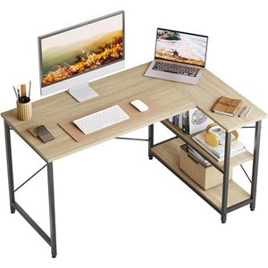 Computerbureau - Computertafel - Computermeubel - Computerbureau 120 cm omkeerbaar bureau L-vorm hoekbureau met plank - In hoogte verstelbare kleine kantoortafel - Met opbergvakken - Voor thuiskantoorkamer - Sterker - X-vorm beugel - Eiken