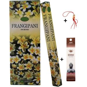 Doos met 120 stokjes - Wierook - Wierookstokjes - Incense sticks - Frangipani + 5 mini wierookstokjes + Gelukspoppetje