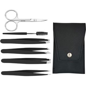 Thelau - Wenkbrauwpincetten set van 6 stuks van roestvrij staal met precisie, inclusief leren etui - ideaal voor ingegroeide haren en wimperverlenging