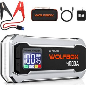 Wolfbox Jumpstarter - 4000A/24.000mAh – Startkabels met Powerbank - Starthulp Voor Auto’s Met LED- en SOS Noodlicht - met adapter - 65W snellader