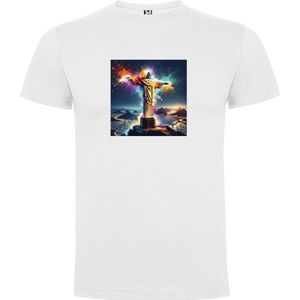 Wit T-Shirt met “ Kleurrijke Jezus de Verlosser Rio de Janeiro bij nacht“ Print Full Color Maat 2XL