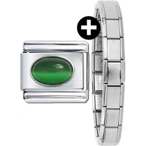 Schakel/Bedel - Geboortesteen - plus armband - 9mm - Geschikt voor Nomination armband - Schakelarmband - Groen