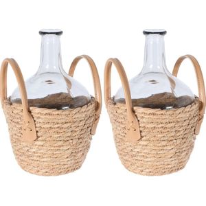 Set van 2x Stuks Flesvaas Glas Transparant met Gevlochten Rieten Mand 18 X 27 cm - Decoratie Vaas
