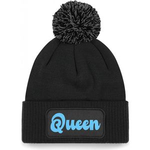 Bellatio Decorations Wintersport muts met pompom - Queen - zwart - glitter - unisex - Apres ski