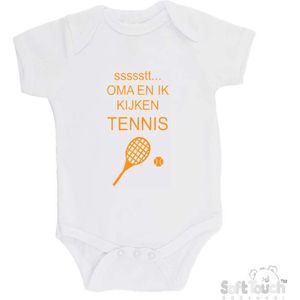 100% katoenen Romper ""ssssstt... Oma en ik kijken tennis"" Unisex Katoen Wit/mosterd Maat 56/62