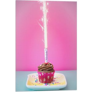 Vlag - Verjaardagscupcake met Chocolade Topping en Fontein - 40x60 cm Foto op Polyester Vlag