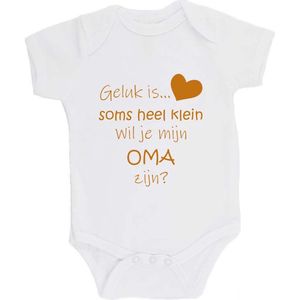 100% katoenen Romper Zwangerschap Aankondiging 2.0 ""Geluk is soms heel klein wil je mijn OMA zijn?"" Unisex Katoen Wit/tan Maat 62/68