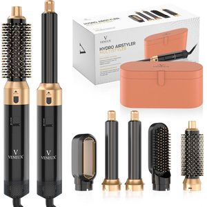 VENEUX® Föhnborstel - Airstyler - Krulborstel - Warmteborstel - 5 in 1 Multistyler - Met Opbergcase - Zwart Met Goud