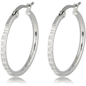 Zilverkleurige oorbellen kristal zirkonia 25mm x 2mm - Zilverkleurige oorringen met kristal steentjes 25mm - Met luxe cadeauverpakking