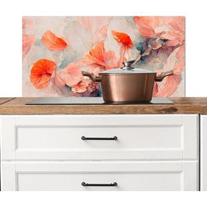Spatscherm keuken 80x40 cm - Kookplaat achterwand Bloemen - Bladeren - Planten - Roze - Muurbeschermer - Spatwand fornuis - Hoogwaardig aluminium