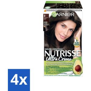 4 x Garnier - Nutrisse Ultra Crème 3 - Haarkleuring - Donkerbruin - Intens Voedend - Permanente Kleur - Haarverf - Permanente Haarkleur - Grijsdekking - Voedende Haarkleur - Nutrisse Ultra Crème