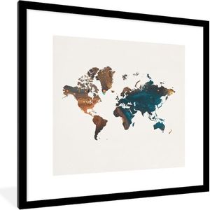 Fotolijst incl. Poster - Wereldkaart - Blauw - Oranje - 40x40 cm - Posterlijst