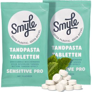 Smyle Freshmint Tandpastatabletten voor gevoelige tanden - 2 x 63 Navulling Tandpastatabletten - Whitening Effect - Geschikt voor Gevoelige Tanden - 100% Natuurlijk & Plastic-Vrij - Zero Waste