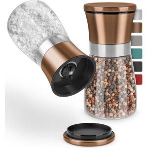 Kruidenmolens, set van 2 met verstelbaar keramisch maalwerk, voor zout, peper, chili en alle soorten kruiden, elegante zoutmolen en pepermolen met instelbare maalgraad (roségoud, 13 cm)