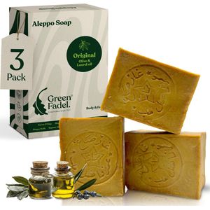 GREEN FADEL - Aleppo Zeep Origineel - Set van 3 - 600 g - Handgemaakt - Natuurlijke Zeep